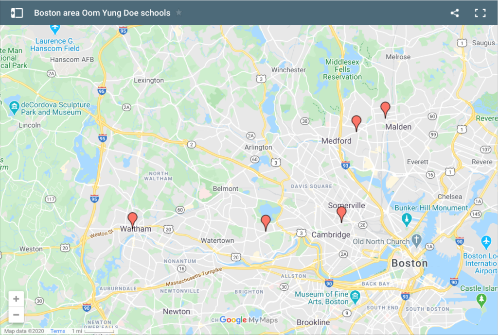Map of the locations of the Boston area Oom Yung Doe schools
